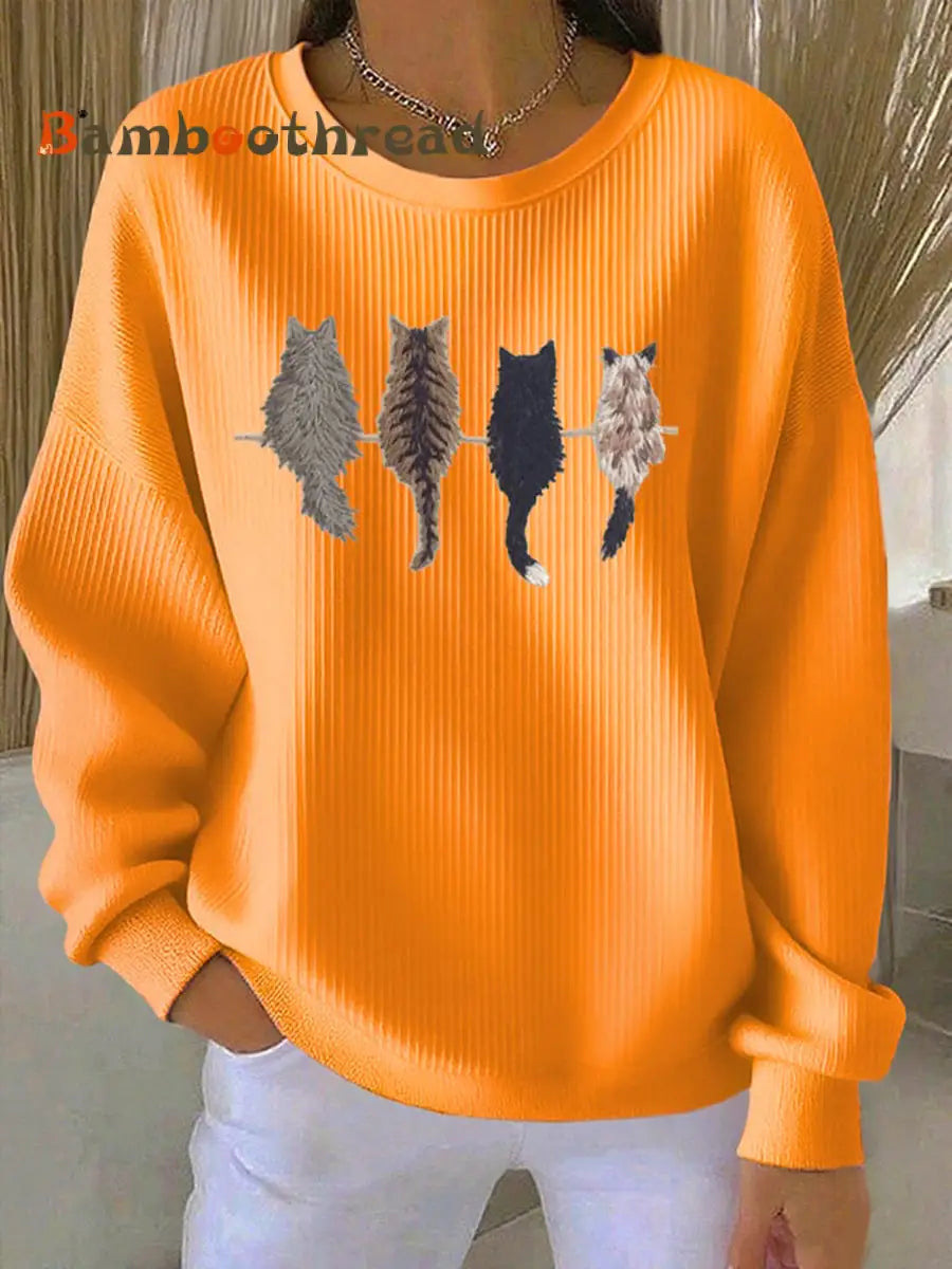 Women’s Cat’s silhouette Printed Hooded Sweatshirt Orange / S