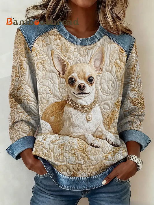 Women’s Chihuahua Printed Denim Patchwork Top As picture / S