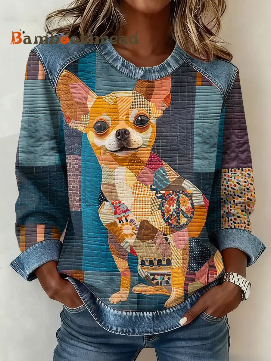 Women’s Chihuahua Printed Denim Patchwork Top As picture / S