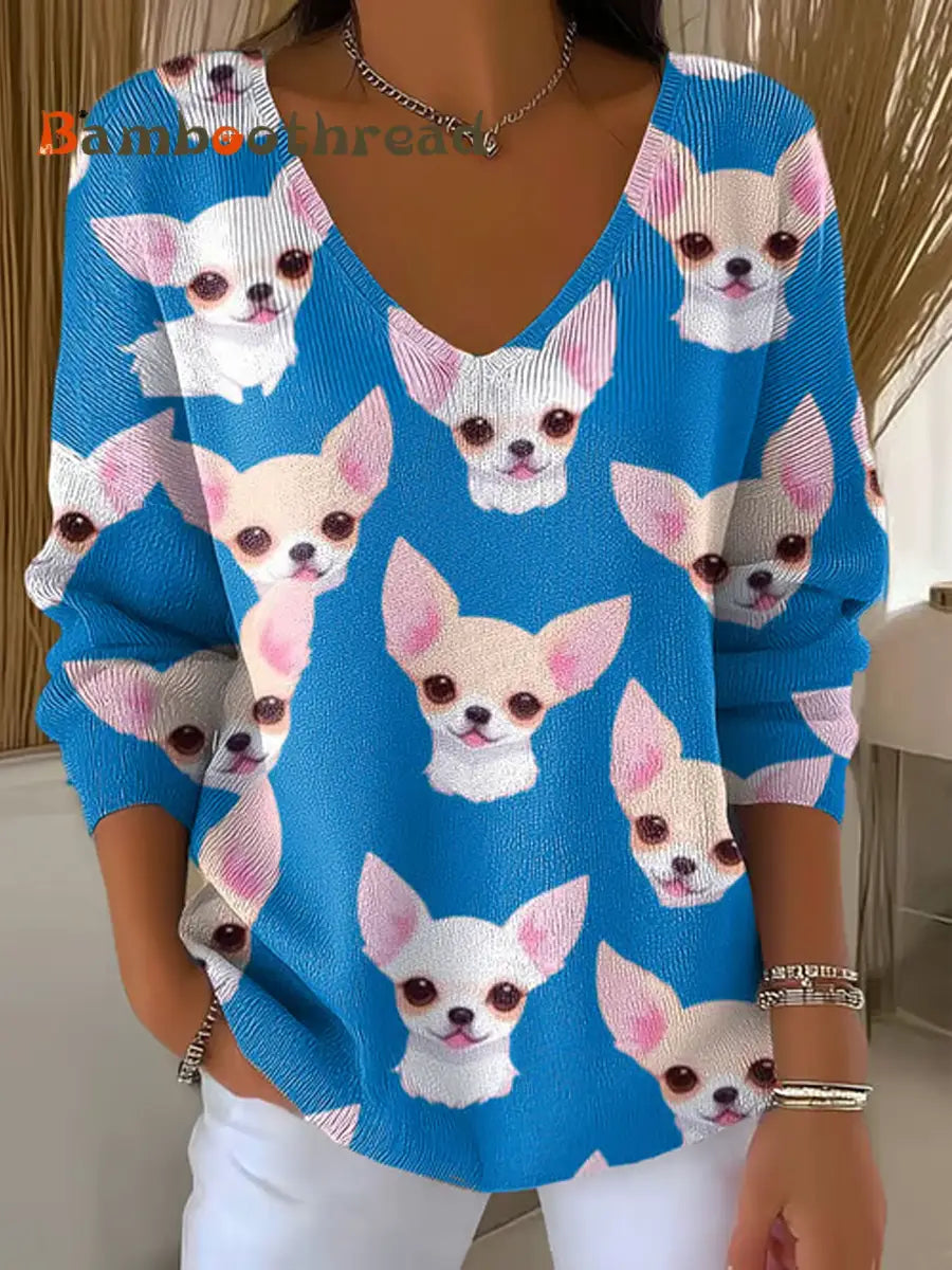 Women’s Chihuahuas Print Casual Top Blue / S