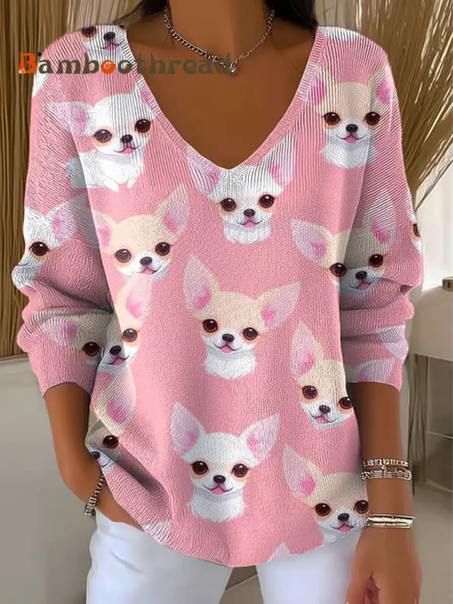Women’s Chihuahuas Print Casual Top Pink / S