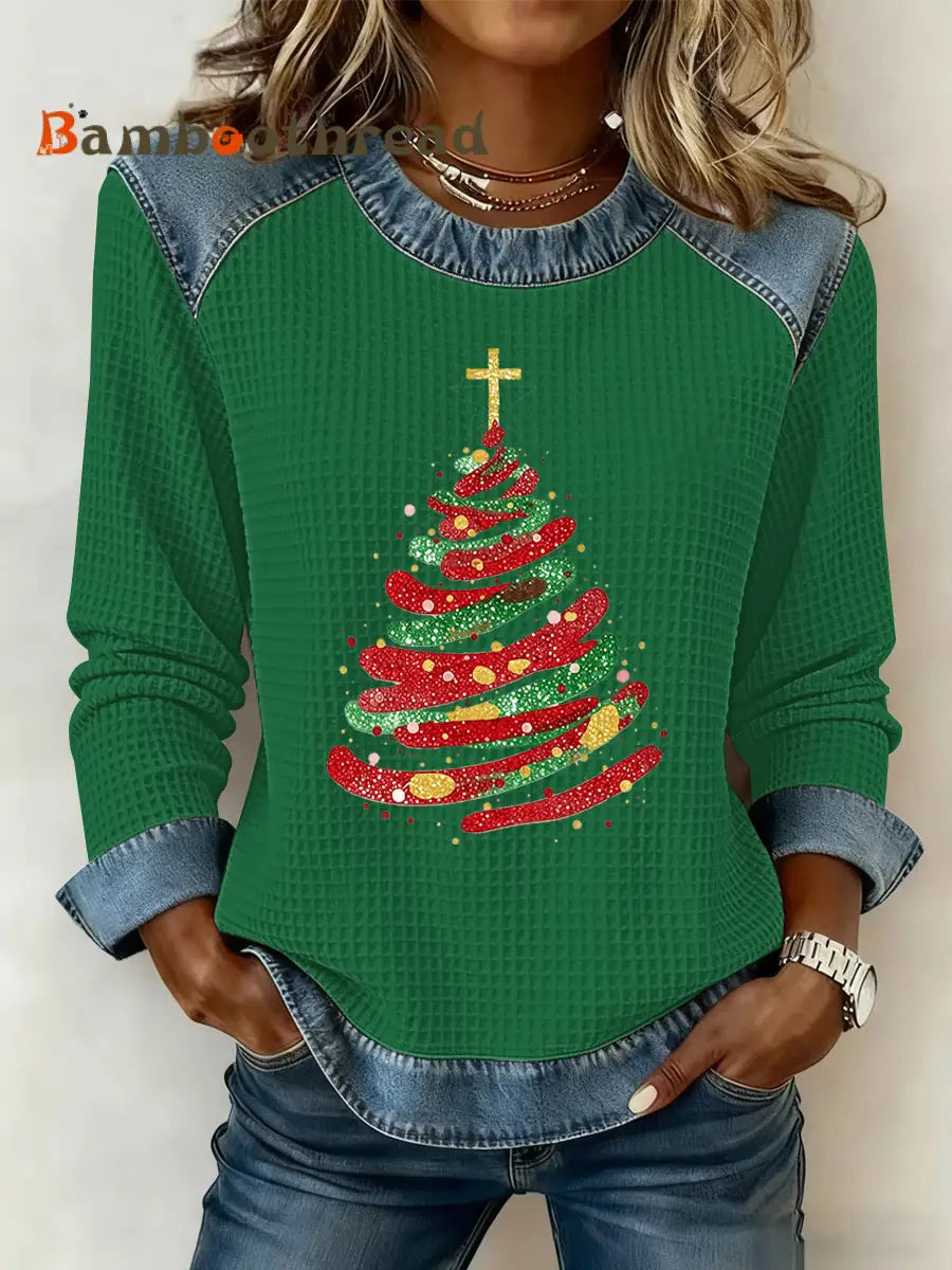 Women’s Christmas Belief Print Waffle Sweatshirt Green / S