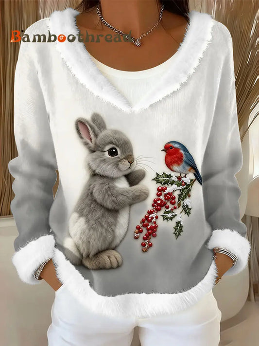Women’s Christmas Bunny Print Fleece-Lined Top As picture / S