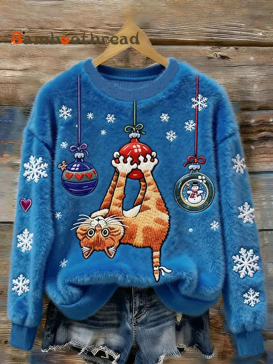Women’s Christmas Cat Flannel Hoodie Blue / S