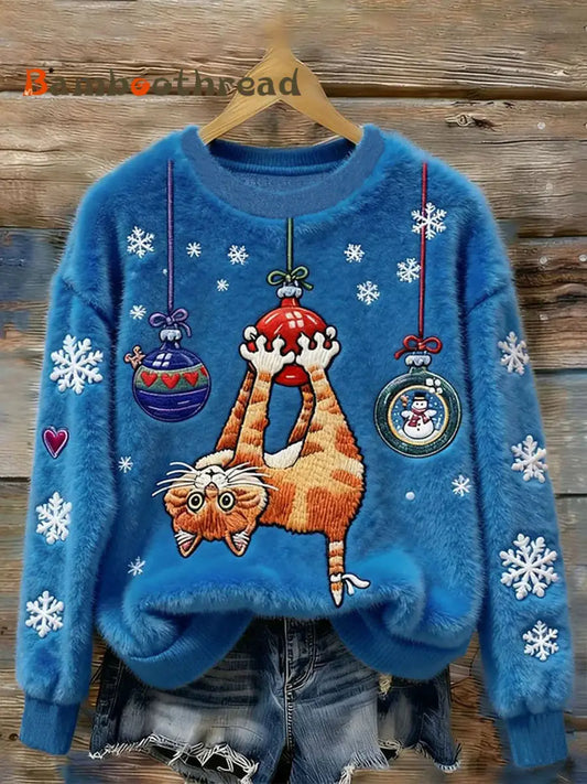 Women’s Christmas Cat Flannel Hoodie Blue / S