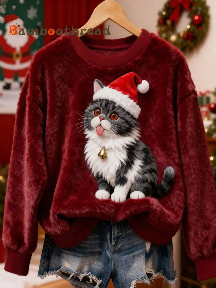 Women’s Christmas Cat Flannel Hoodie Red / S