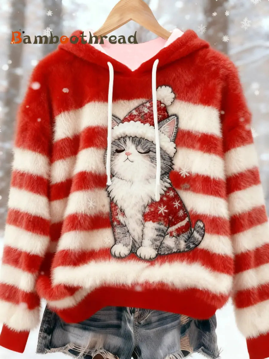 Women’s Women’s Christmas Cute Cat Flannel Hoodie Flannel Hoodie Red / S