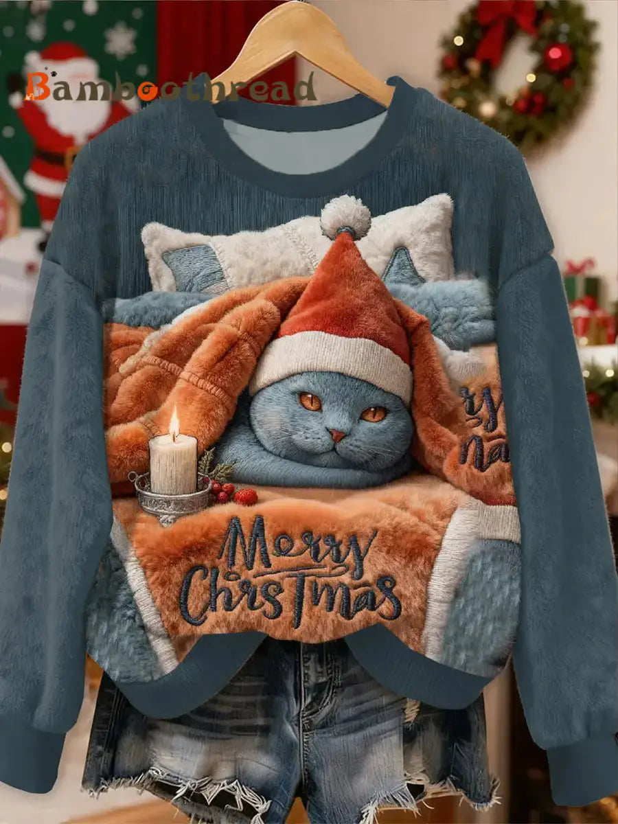 Women’s Christmas Cute Cat Pattern Flannel Hoodie As picture / S