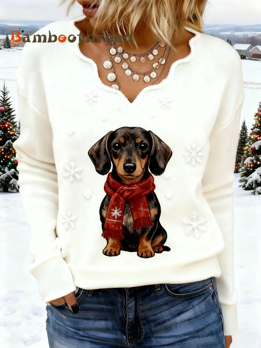 Women’s Christmas Cute Dachshund Print Dog Mom Gift Casual V-Neck Top Creamy-White / S