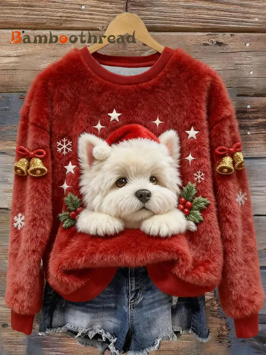 Women’s Christmas Cute Dog Art Flannel Hoodie Red / S