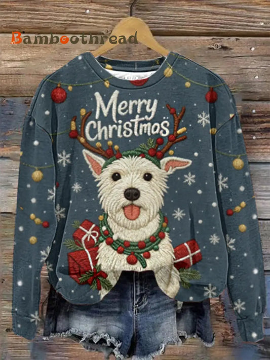 Women’s Christmas Cute Dog Denim Patchwork Regular Sweatshirt Blue / S