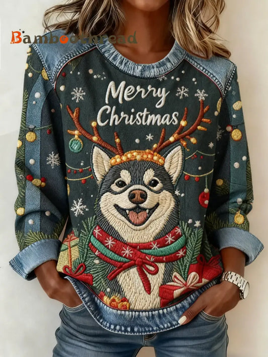 Women’s Christmas Cute Dog Denim Patchwork Top Blue / S