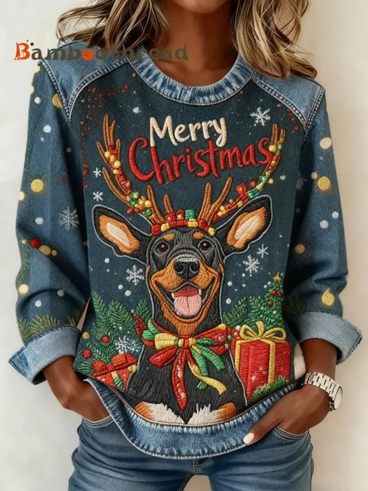 Women’s Christmas Cute Dog Denim Patchwork Top Blue / S
