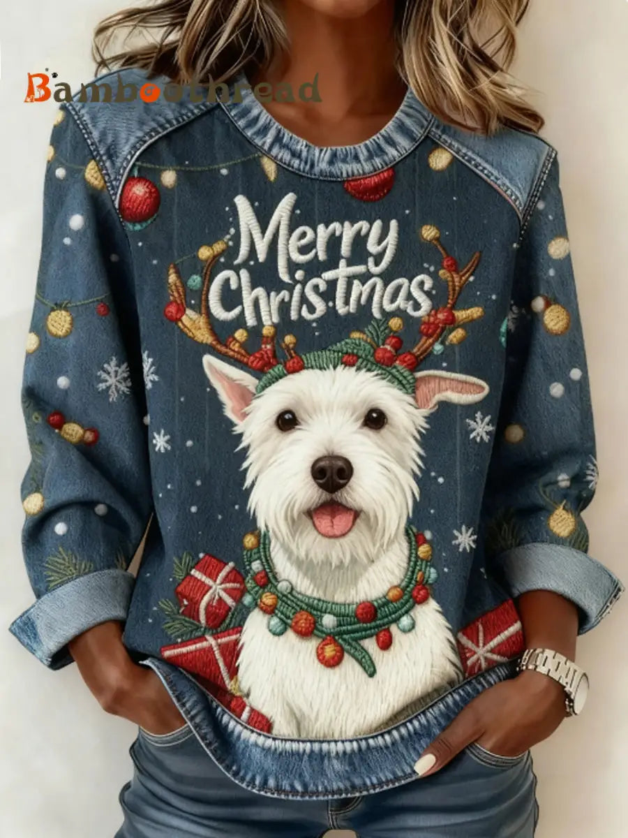 Women’s Christmas Cute Dog Denim Patchwork Top Blue / S