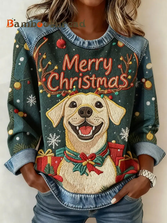 Women’s Christmas Cute Dog Denim Patchwork Top Blue / S