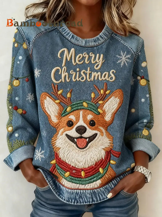 Women’s Christmas Cute Dog Denim Patchwork Top Blue / S
