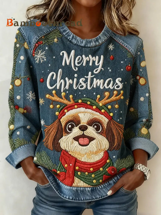 Women’s Christmas Cute Dog Denim Patchwork Top Blue / S