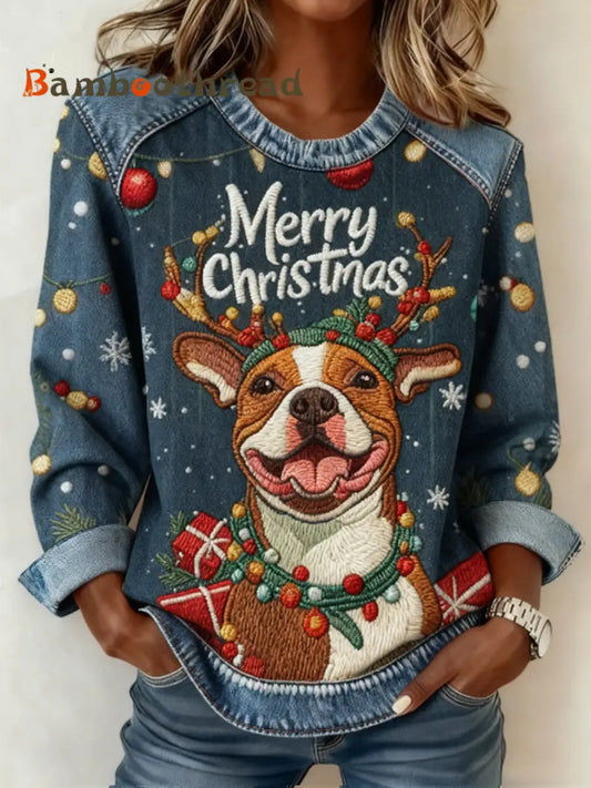Women’s Christmas Cute Dog Denim Patchwork Top Blue / S