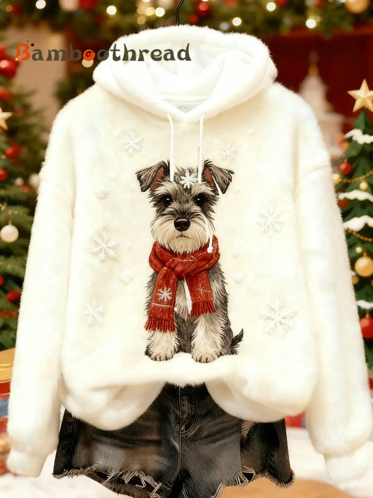 Women’s Christmas Cute Dog Print Casual Flannel Hoodie Creamy-White / S
