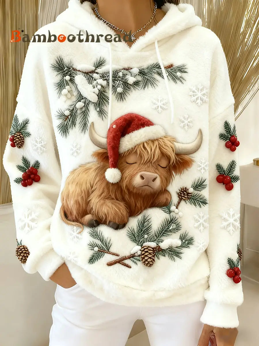 Women’s Christmas Cute Highland Cattle Flannel Hoodie As picture / S