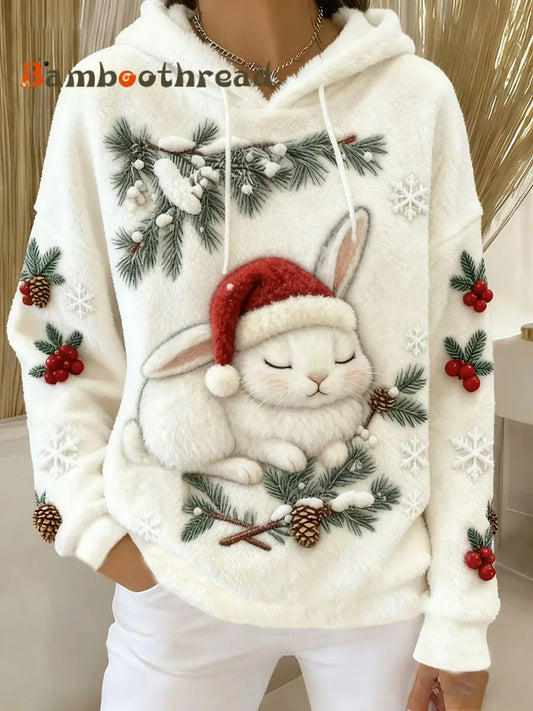 Women’s Christmas Cute Rabbit Flannel Hoodie As picture / S