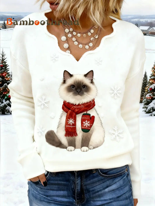 Women’s Christmas Cute Ragdoll Cat Print Cat Mom Gift Casual V-Neck Top Creamy-White / S