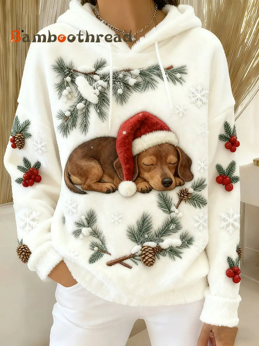 Women’s Christmas Cute Sausage Dog Flannel Hoodie As picture / S