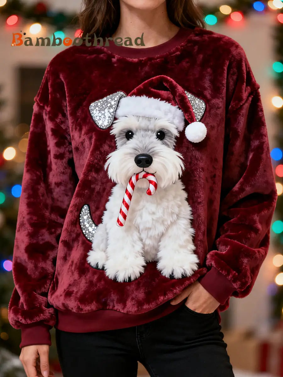 Women’s Christmas Cute Schnauzer Print Casual Flannel Sweatshirt Wine Red / S
