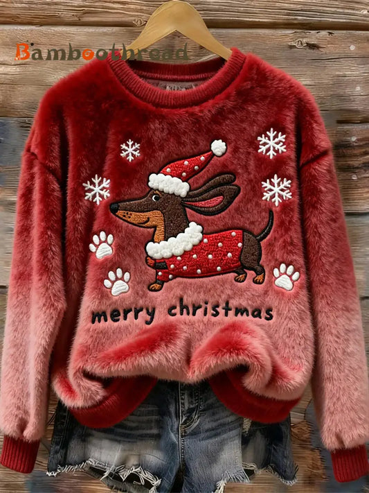 Women’s Christmas Dachshund Dog Art Cozy Flannel Sweater Deep Red / S