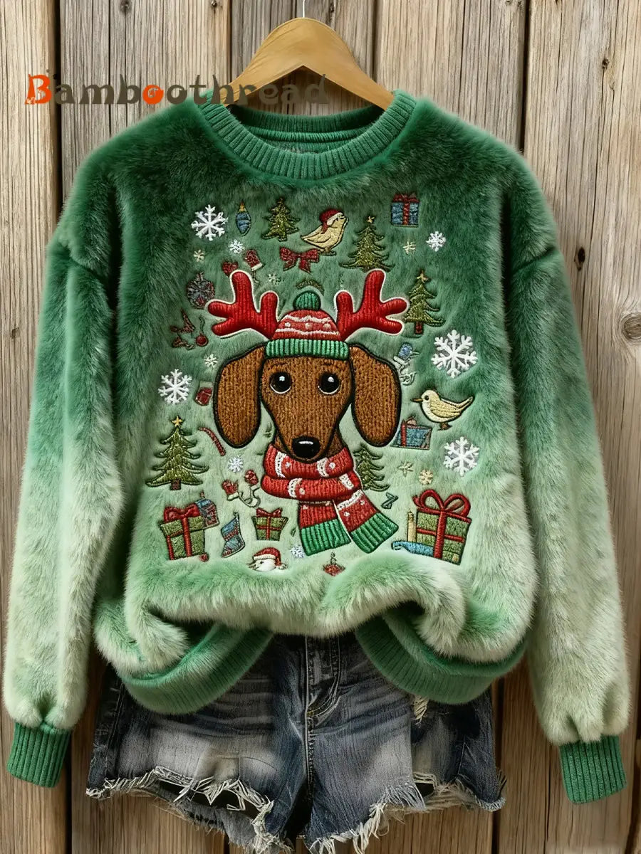 Women’s Christmas Dachshund Dog Art Cozy Flannel Sweater Green / S