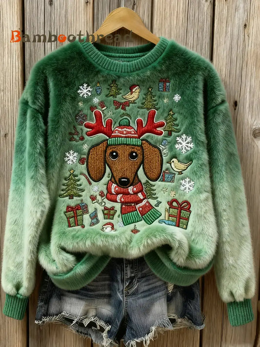Women’s Christmas Dachshund Dog Art Cozy Flannel Sweater Green / S