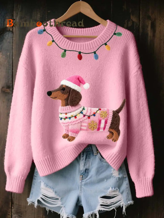 Women’s Christmas Dachshund Felt Art Cozy Knit Sweater Pink / S