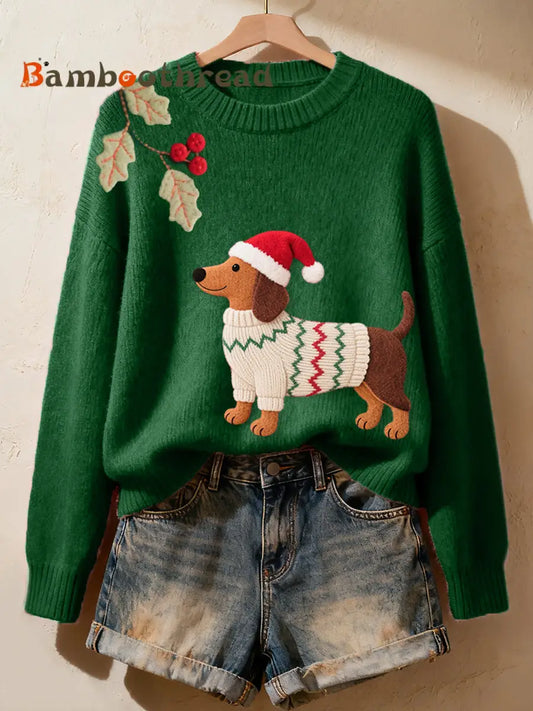 Women’s Christmas Dachshund Pattern Cozy Knit Sweater Dark Green / S