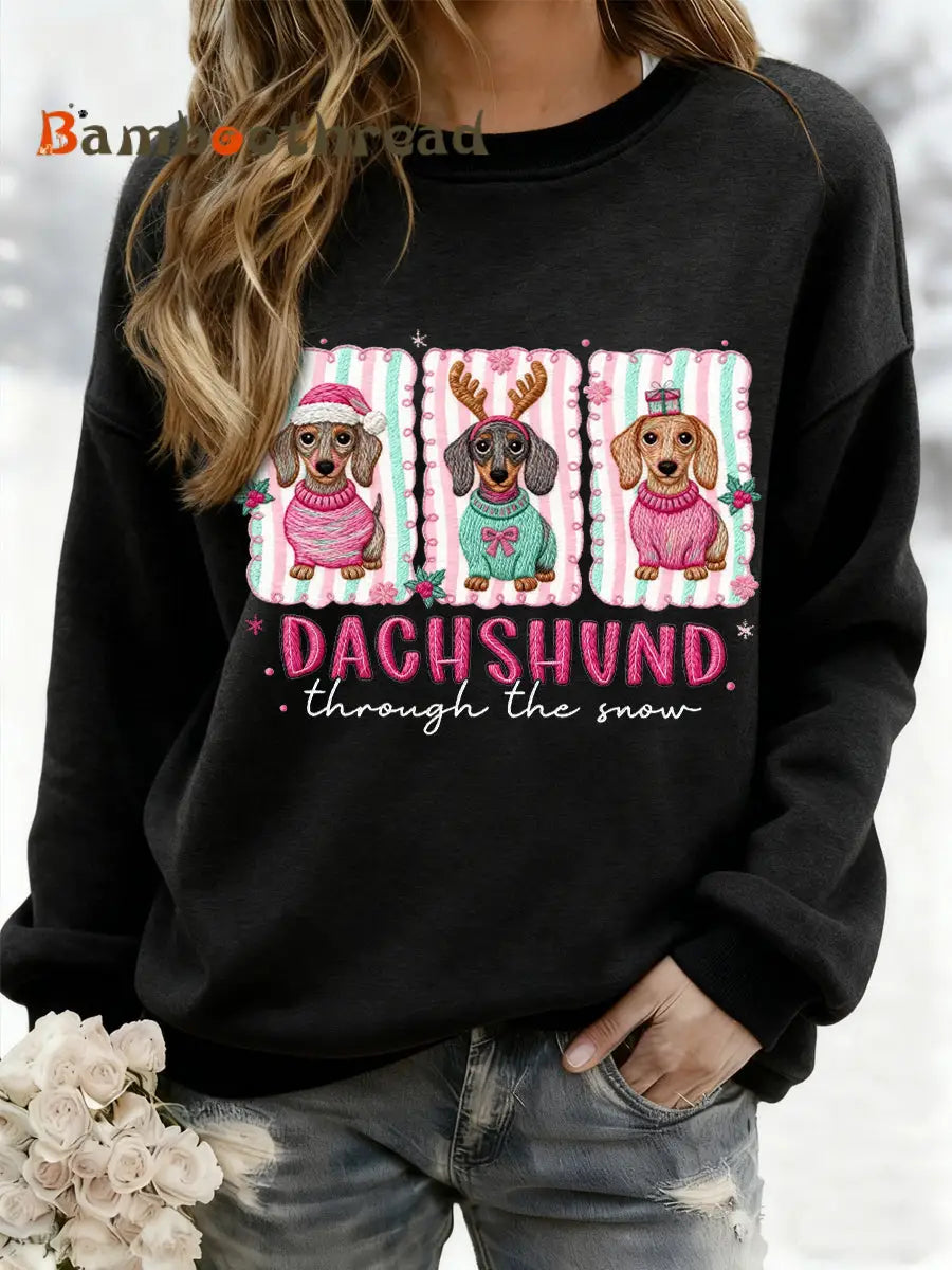 Women’s Christmas Dachshund Through The Snow Print Casual Sweatshirt Black / S