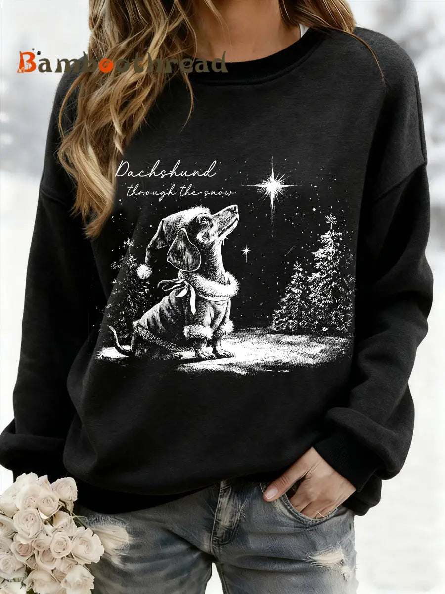 Women’s Christmas Dachshund Through The Snow Print Casual Sweatshirt Black / S