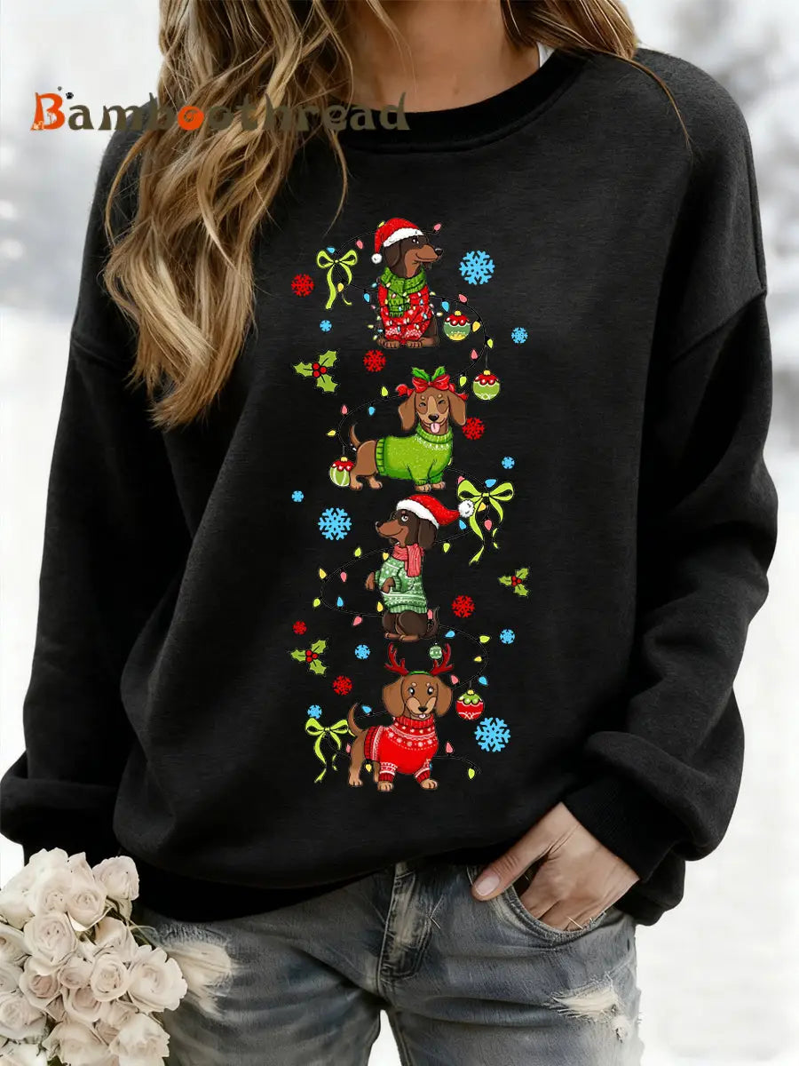 Women’s Christmas Dachshund Through The Snow Print Casual Sweatshirt Black / S