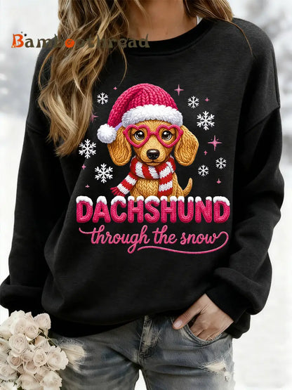 Women’s Christmas Dachshund Through The Snow Print Casual Sweatshirt Black / S