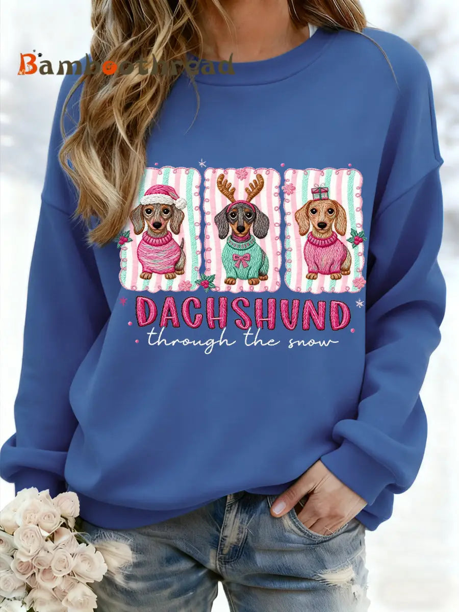 Women’s Christmas Dachshund Through The Snow Print Casual Sweatshirt Blue / S