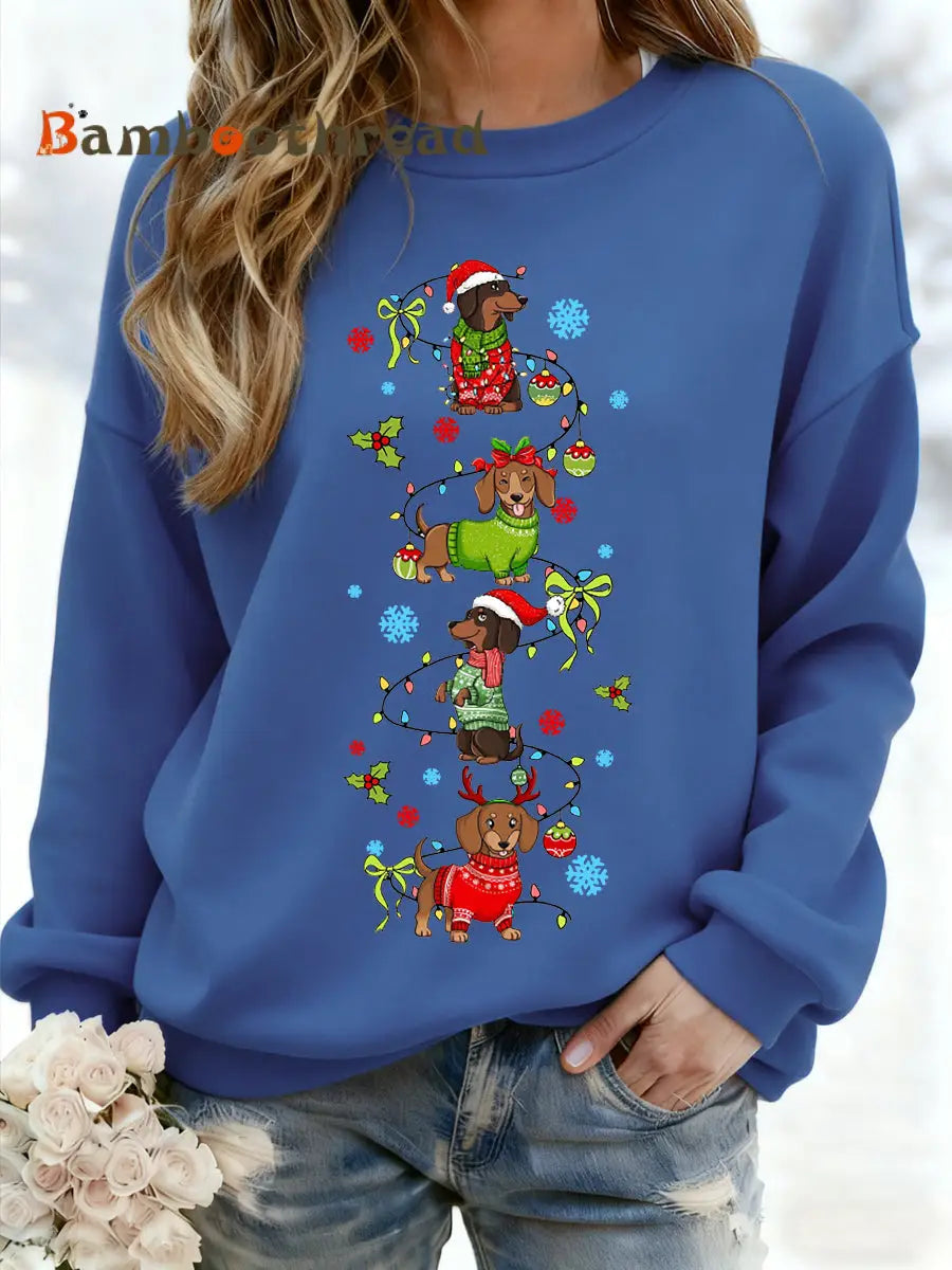 Women’s Christmas Dachshund Through The Snow Print Casual Sweatshirt Blue / S