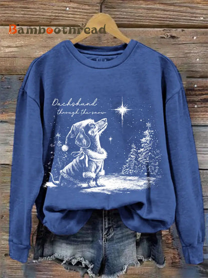 Women’s Christmas Dachshund Through The Snow Print Casual Sweatshirt Blue / S