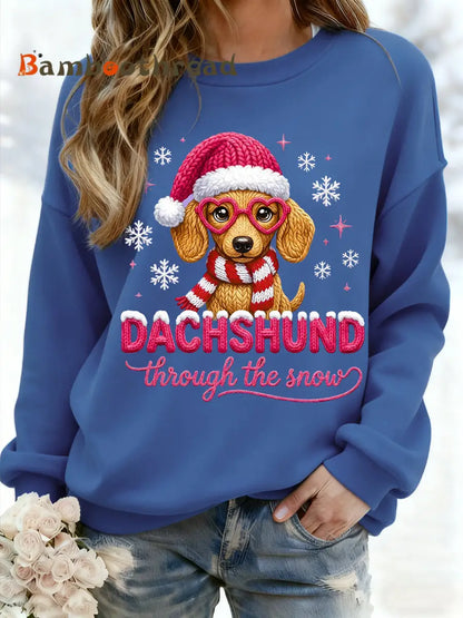 Women’s Christmas Dachshund Through The Snow Print Casual Sweatshirt Blue / S