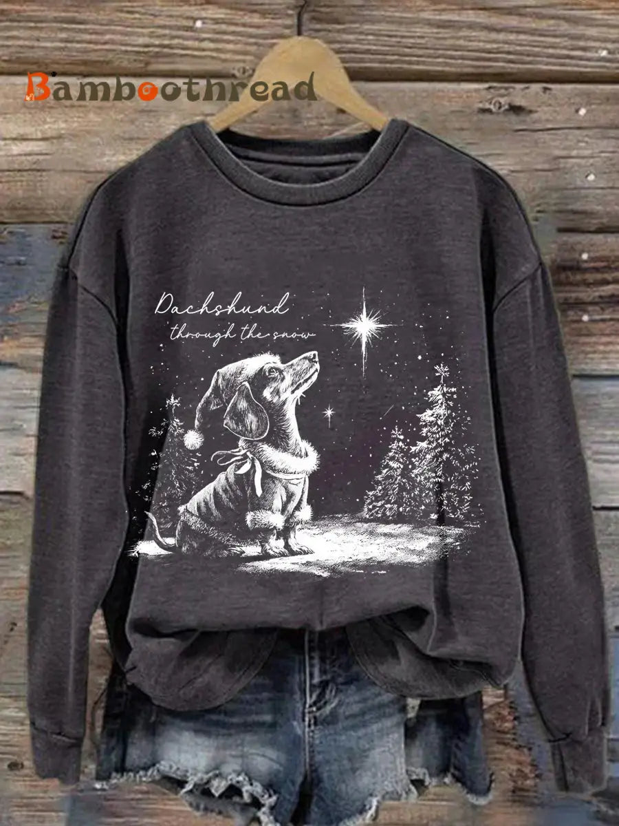 Women’s Christmas Dachshund Through The Snow Print Casual Sweatshirt Dark Gray / S