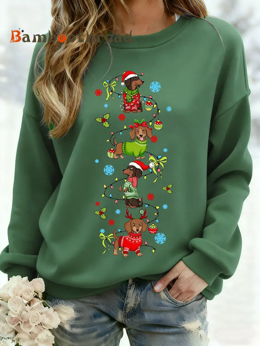 Women’s Christmas Dachshund Through The Snow Print Casual Sweatshirt Green / S