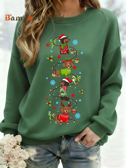 Women’s Christmas Dachshund Through The Snow Print Casual Sweatshirt Green / S