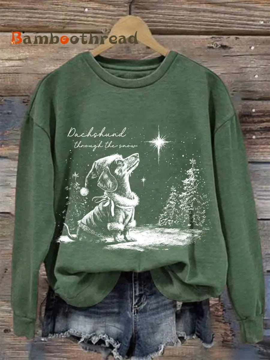 Women’s Christmas Dachshund Through The Snow Print Casual Sweatshirt Green / S