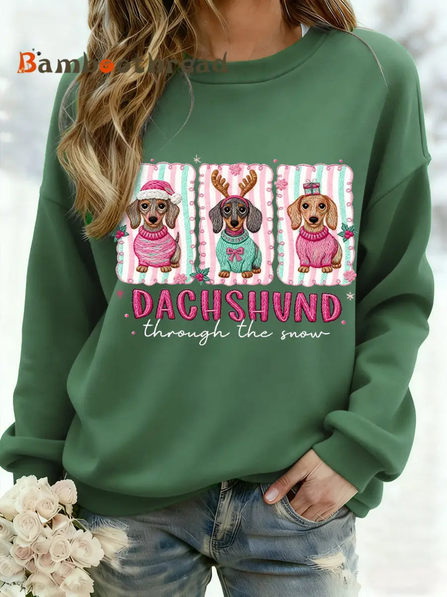 Women’s Christmas Dachshund Through The Snow Print Casual Sweatshirt Green / S