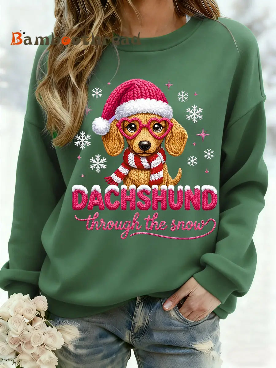 Women’s Christmas Dachshund Through The Snow Print Casual Sweatshirt Green / S