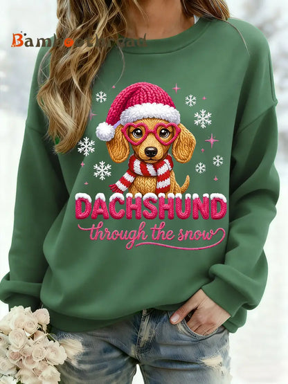 Women’s Christmas Dachshund Through The Snow Print Casual Sweatshirt Green / S