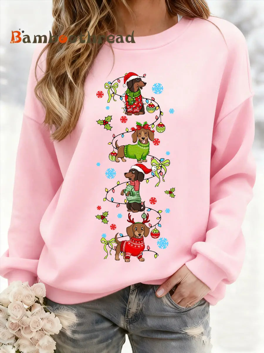 Women’s Christmas Dachshund Through The Snow Print Casual Sweatshirt Pink / S