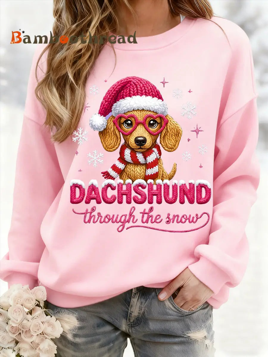 Women’s Christmas Dachshund Through The Snow Print Casual Sweatshirt Pink / S